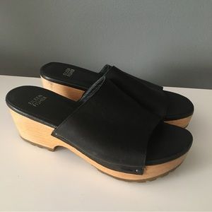 Eileen Fisher Modern Wood Black Leather Platform Slide Sandal Clog 7.5